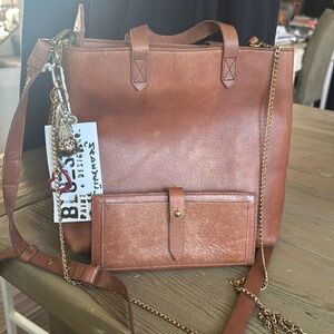 MADEWELL Transport Tote COGNAC Leather Crossbody Bag w/ & CHARMS CHAIN & WALLET